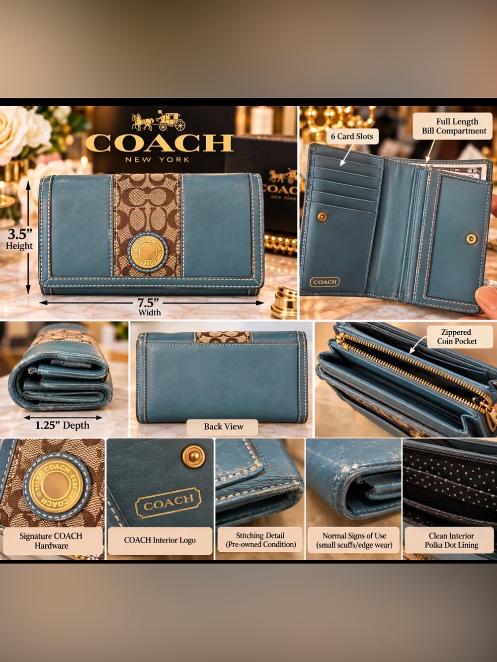 vintage teal and brown Coach signature canvas bifold wallet with a snap closure